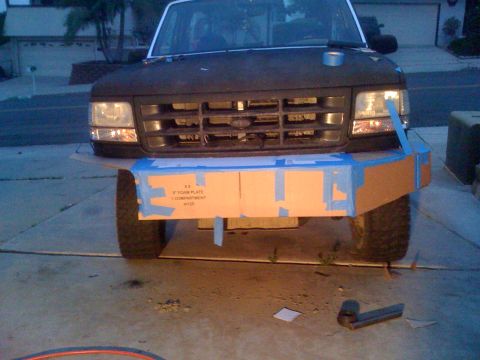 1992 Ford Bronco - Front view of a 1992 Ford Bronco with a cardboard prototype for a new bumper.