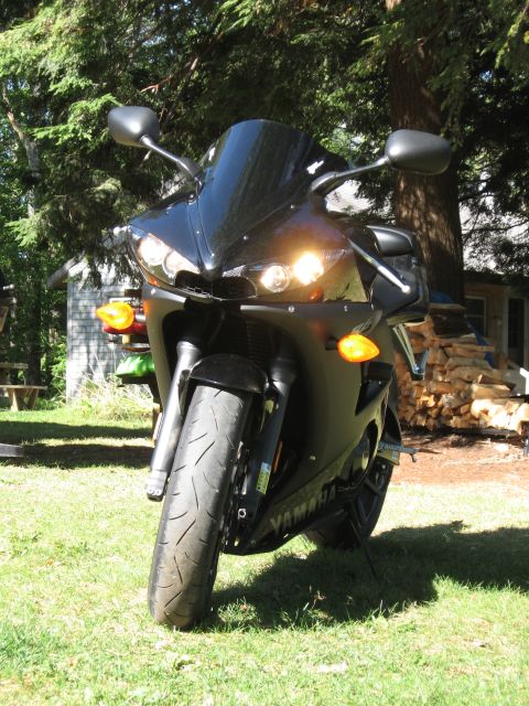 2008 Yamaha R1 - A black Yamaha motorcycle is shown from the front, parked on a grassy lawn with a tree and building in the background.