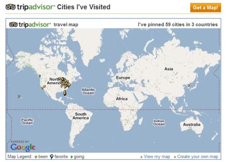 1971 Ford Ranchero - A world map displays pinned locations from TripAdvisor, indicating visited cities across continents.