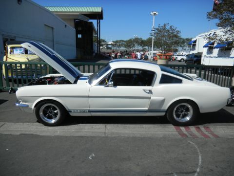 1997 Ford Ranger - A classic white 1965 Ford Mustang GT350 is displayed with its hood up at an outdoor event.
