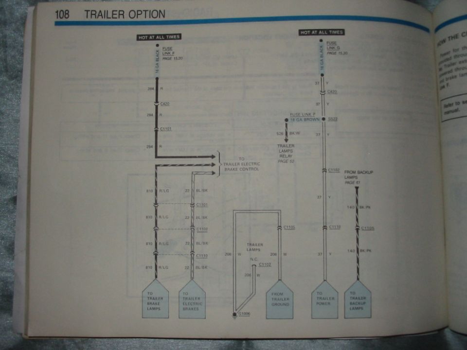 Trailer option wiring diagram page showing color-coded trailer lamp and brake circuits