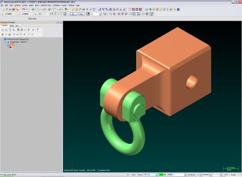 1995 Ford Bronco - Mastercam CAD screenshot of a 3D shackle/hitch receiver model, not a technical document drawing.