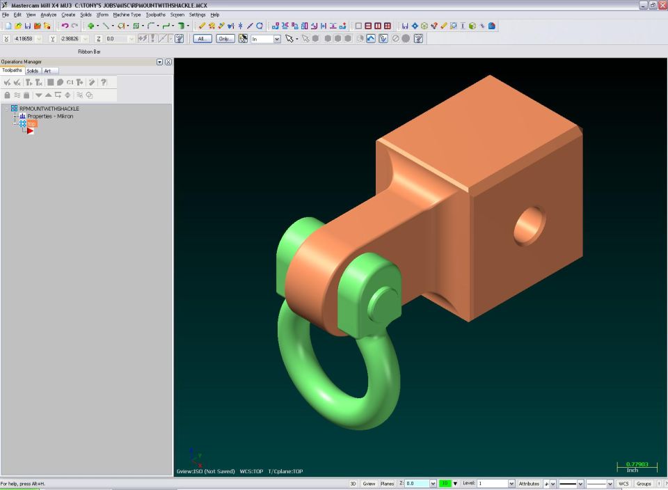 CAD/CAM software screenshot showing a 3D model of a shackle and tow hitch mount