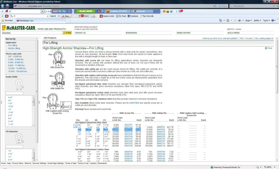 McMaster-Carr website page showing anchor shackles with specifications and pricing