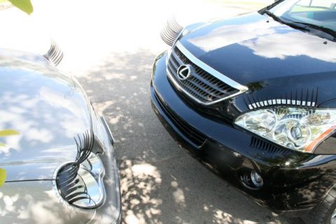 2001 Ford Crown Victoria - A black Lexus SUV and a silver car are parked together, each adorned with oversized eyelashes on their headlights.
