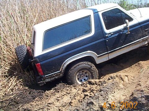 1986 Ford Bronco - This blue and white Ford Bronco is stuck in a muddy ditch, with tall dry grass on the left.