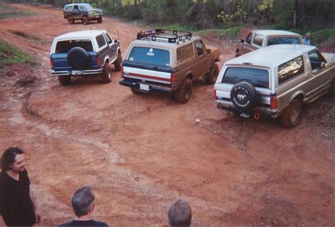 1986 Ford Bronco - Several Ford Broncos are parked on a dusty, off-road trail with a few people observing.