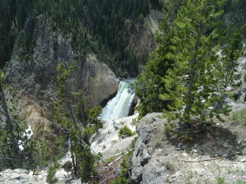1981 Ford E350 - A powerful waterfall plunges into a river gorge, framed by steep cliffs and dense evergreen forest.