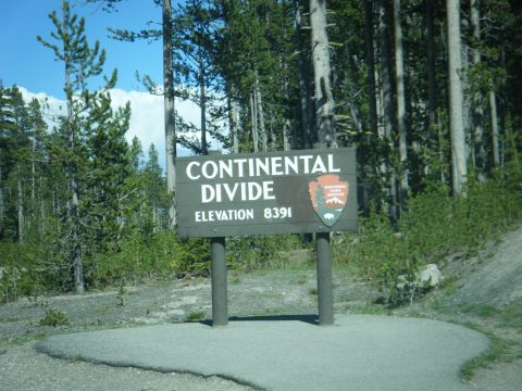 1981 Ford E350 - A sign marks the Continental Divide at an elevation of 8391 feet in a forested area.