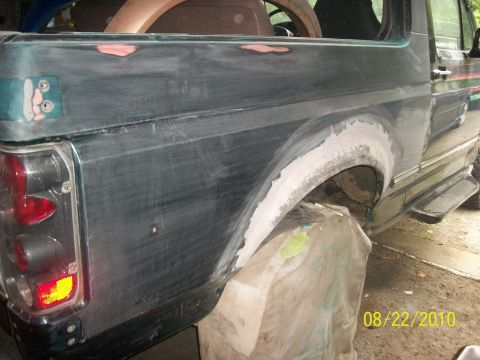 1993 Ford Bronco - This 1993 Ford Bronco is undergoing bodywork, with filler visible on the rear fender.