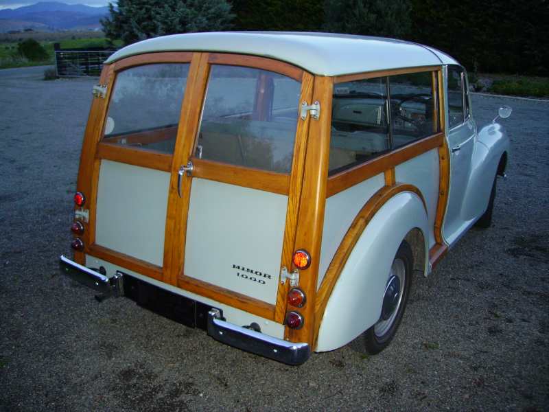 wood-paneled station wagon, rear view, showing wooden doors and body panels