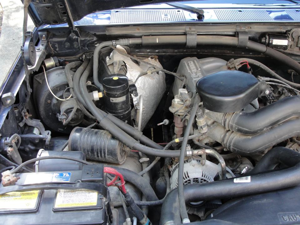 Engine bay of a truck, showing the motor, battery, and various hoses and wires