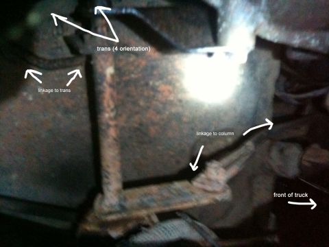 1979 Ford Bronco - Detail view of a vehicle's transmission linkage system, showing connections to the transmission and column.