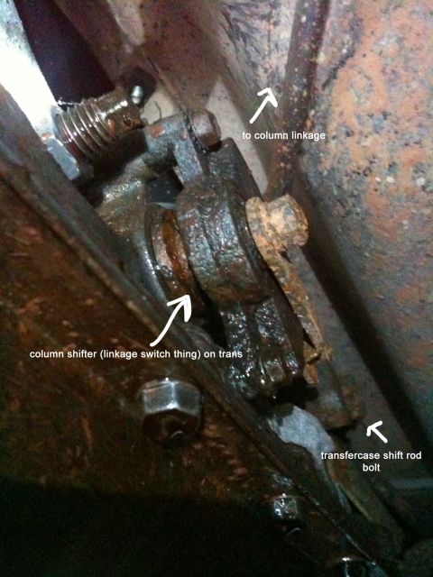 1979 Ford Bronco - This photo shows the transfer case shift rod bolt and column shifter linkage on the transmission.