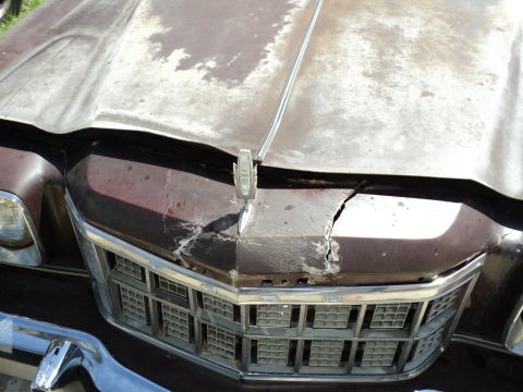 1974 Ford Elite - The front of a damaged Ford vehicle, a cracked hood ornament and a heavily damaged grille.
