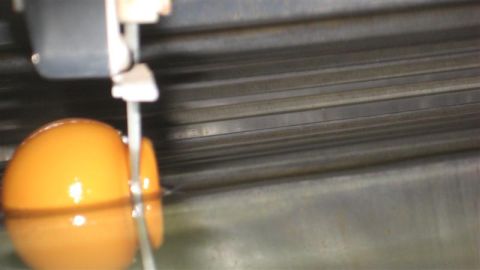1968 Ford Ranchero - A close-up shows an orange spherical object being cut by a blade, with a textured metal surface behind it is resting on.