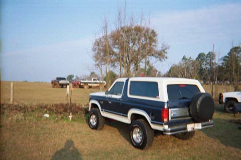 1986 Ford Bronco - Blue and white 1986 Ford Bronco parked in a field with other vehicles in the background.
