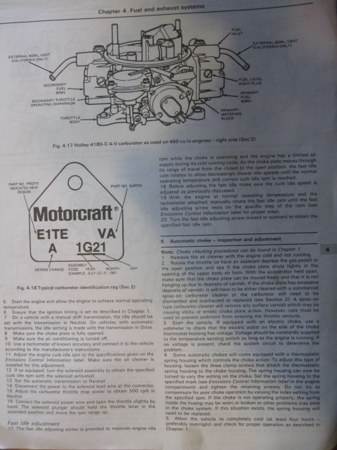 1981 Ford Bronco - Diagrams show a Holley 4180-C 4-V carburetor and a typical Motorcraft carburetor identification tag with part numbers and date codes.