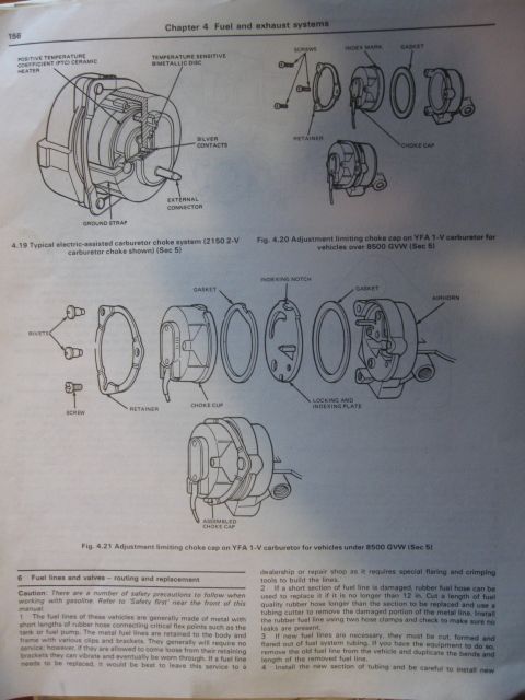 1981 Ford Bronco - Technical diagrams illustrate carburetor choke systems and fuel line routing and replacement procedures.