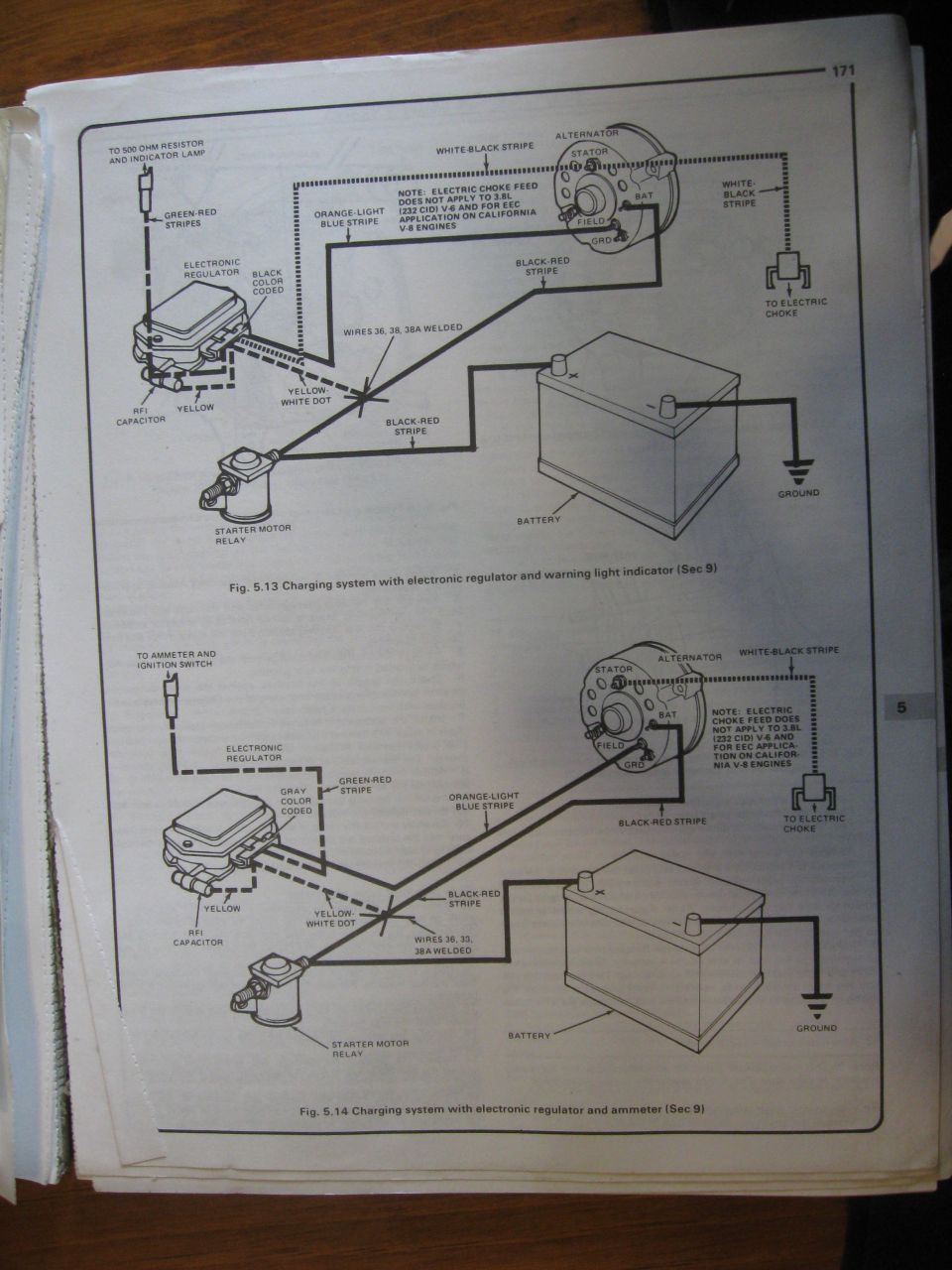 Ford charging system wiring diagram with electronic regulator warning light and ammeter, wire colors