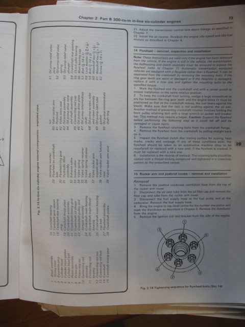 1981 Ford Bronco - Diagrams show internal engine components and the tightening sequence for flywheel bolts.