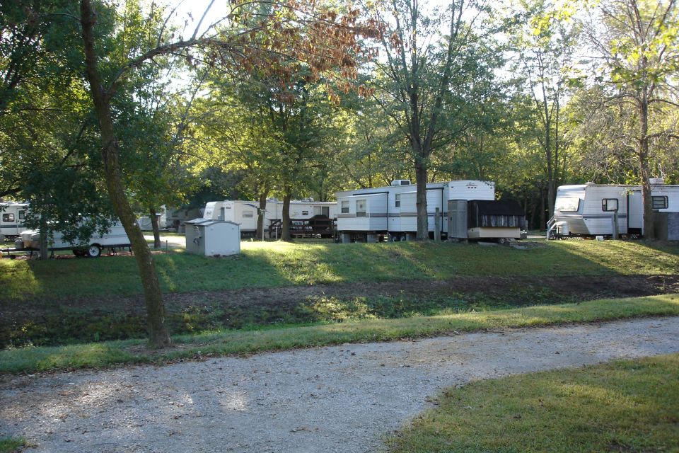 Campground scene with multiple RVs parked among trees
