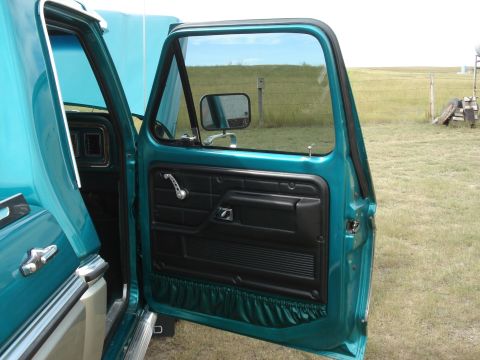 1979 Ford F-150 - Open teal pickup truck door revealing the black interior door panel, armrest and side mirror over a field.