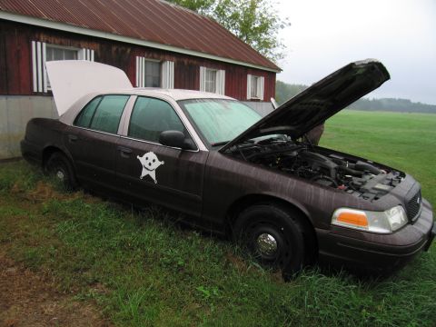 1991 Ford LTD Crown Victoria - A dark brown sedan sits in the grass with its hood and trunk open, next to a red barn-like structure.