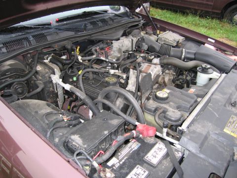 1991 Ford LTD Crown Victoria - Engine bay of a Ford Crown Victoria, showing the engine, battery, and various components under the hood.