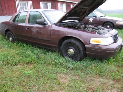 1991 Ford LTD Crown Victoria - Two brown police cars are parked in the grass, one with its hood open, revealing the engine.