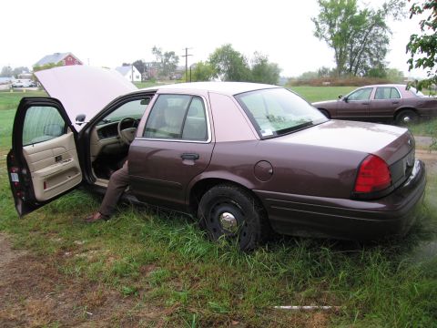 1991 Ford LTD Crown Victoria - Two Ford Crown Victorias parked in a grassy area, one with its doors and hood open.