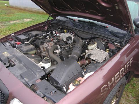1991 Ford LTD Crown Victoria - The engine compartment of a maroon police car, identified by the "SHERIFF" text on the fender, is shown with the hood open.