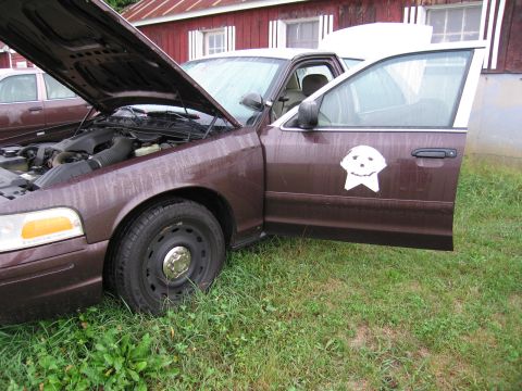 1991 Ford LTD Crown Victoria - A brown sedan with its hood and driver door open sits in a grassy area next to a red building. A second vehicle is partially visible behind…