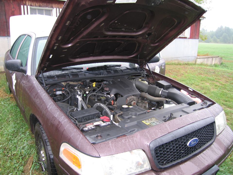 Maroon Ford Crown Victoria with hood open, showing engine bay. Visible Ford logo on grille