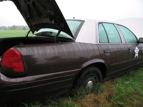 1991 Ford LTD Crown Victoria - A dark brown sedan with a white roof sits in wet grass, its trunk and hood open.