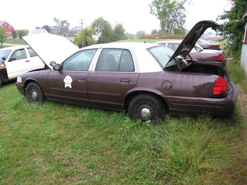 1991 Ford LTD Crown Victoria - Two sedans are parked on grass, one with its hood and trunk open.