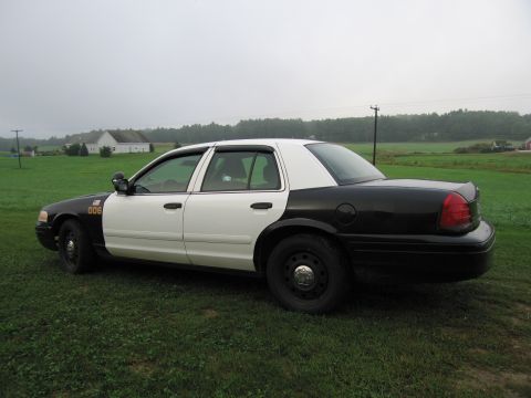 1991 Ford LTD Crown Victoria - A two-tone police car sits in a grassy field under an overcast sky.