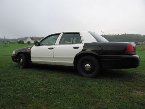 1991 Ford LTD Crown Victoria - A 1991 Ford Crown Victoria LTD police car is seen from the side, parked on a grassy area with houses in the background.