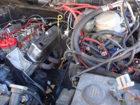 1989 Ford Bronco - Close-up view of a Ford V8 engine bay, showing various components and wiring.