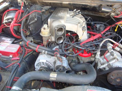 1989 Ford Bronco - Close-up view of a vehicle's engine bay, prominent red wiring and an MSD ignition box.