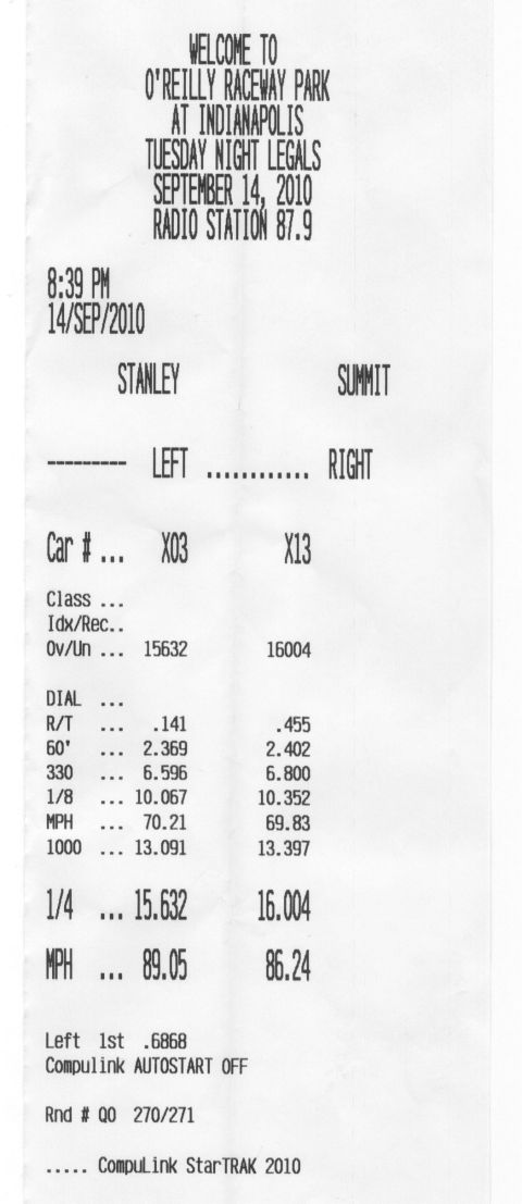 1993 Ford Mustang - This document details drag racing results, including reaction time, speed, and elapsed times for two competitors.