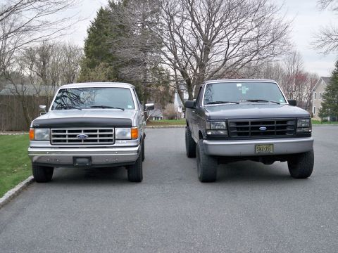 1995 Ford F-150 - Two Ford F-150 trucks are shown from the front, one silver and one dark gray, with the dark gray truck appearing to be a later model.