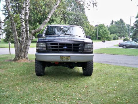 1995 Ford F-150 - A black Ford F-150 truck is parked on a grassy lawn in front of trees, with a mailbox and another car visible in the background.
