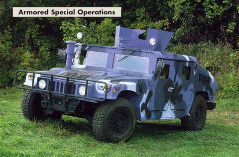 1998 Ford Crown Victoria - Armored Special Operations Humvee with camouflage paint and a turret.