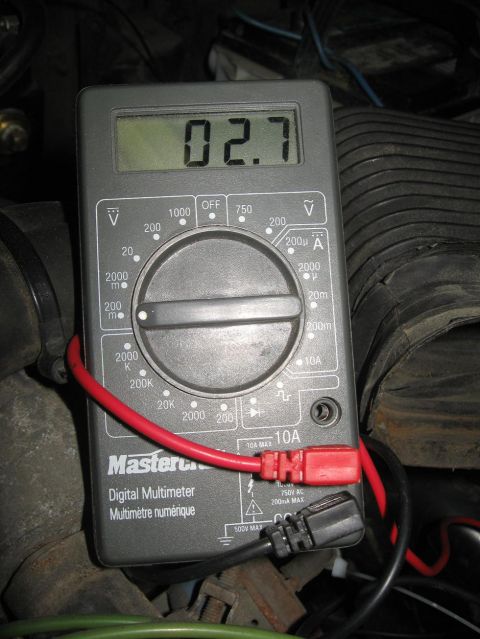 1981 Ford Bronco - Digital multimeter reads 02.7 volts, connected to automotive wiring.