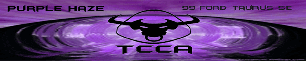 Graphic with purple "PURPLE HAZE" text and "99 FORD TAURUS SE" text above a bull logo and "TCCA" text