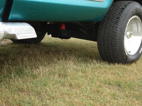 1979 Ford F-150 - Underside view of a truck shows the rear tire, exhaust, and suspension system.