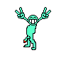 1995 Ford Bronco - A pixelated teal figure is depicted with arms raised in a V-shape, a wide smile on its face, and legs spread.