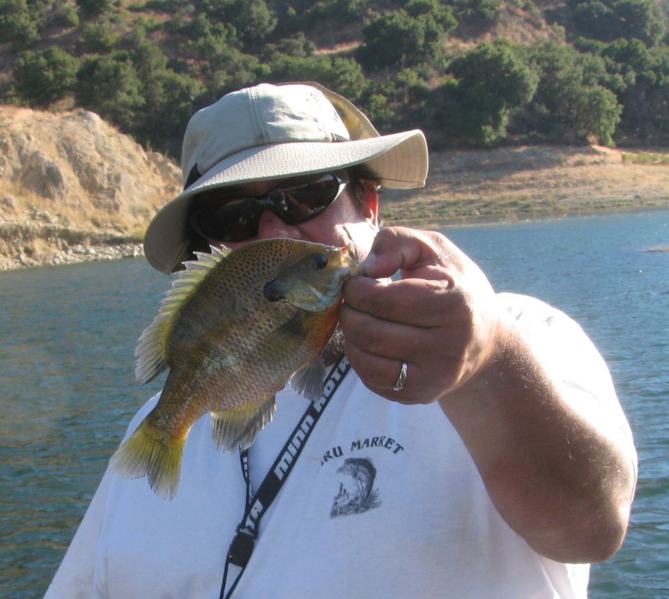 Person holding a fish with a hat and sunglasses, lake in background