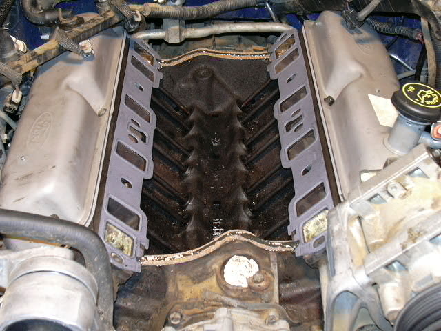 Ford V8 engine valley with intake manifold removed, lifter valley spider exposed